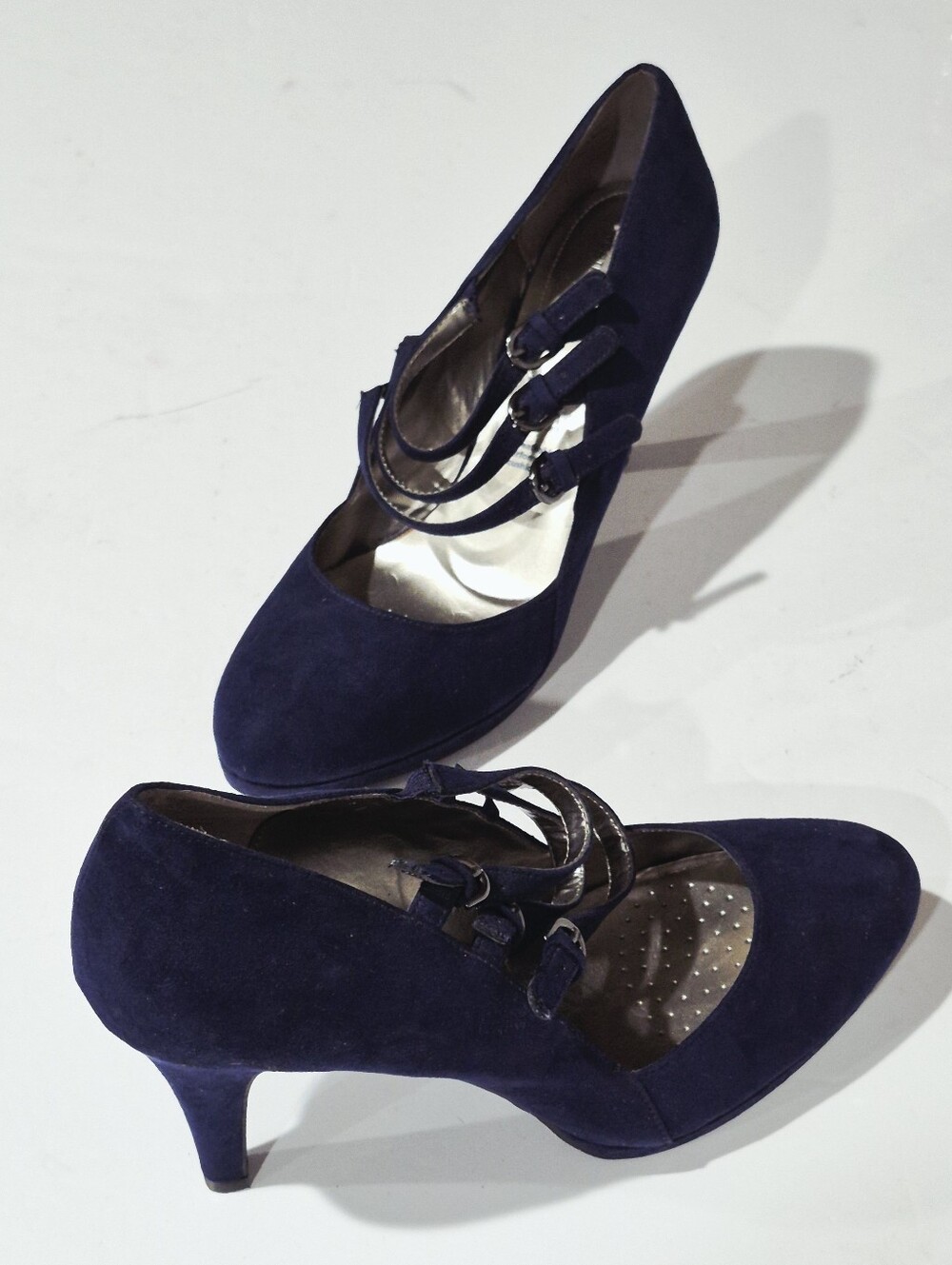 Worthington Navy Blue Suede Triple-Strap Mary Jane Heels Sz 11W